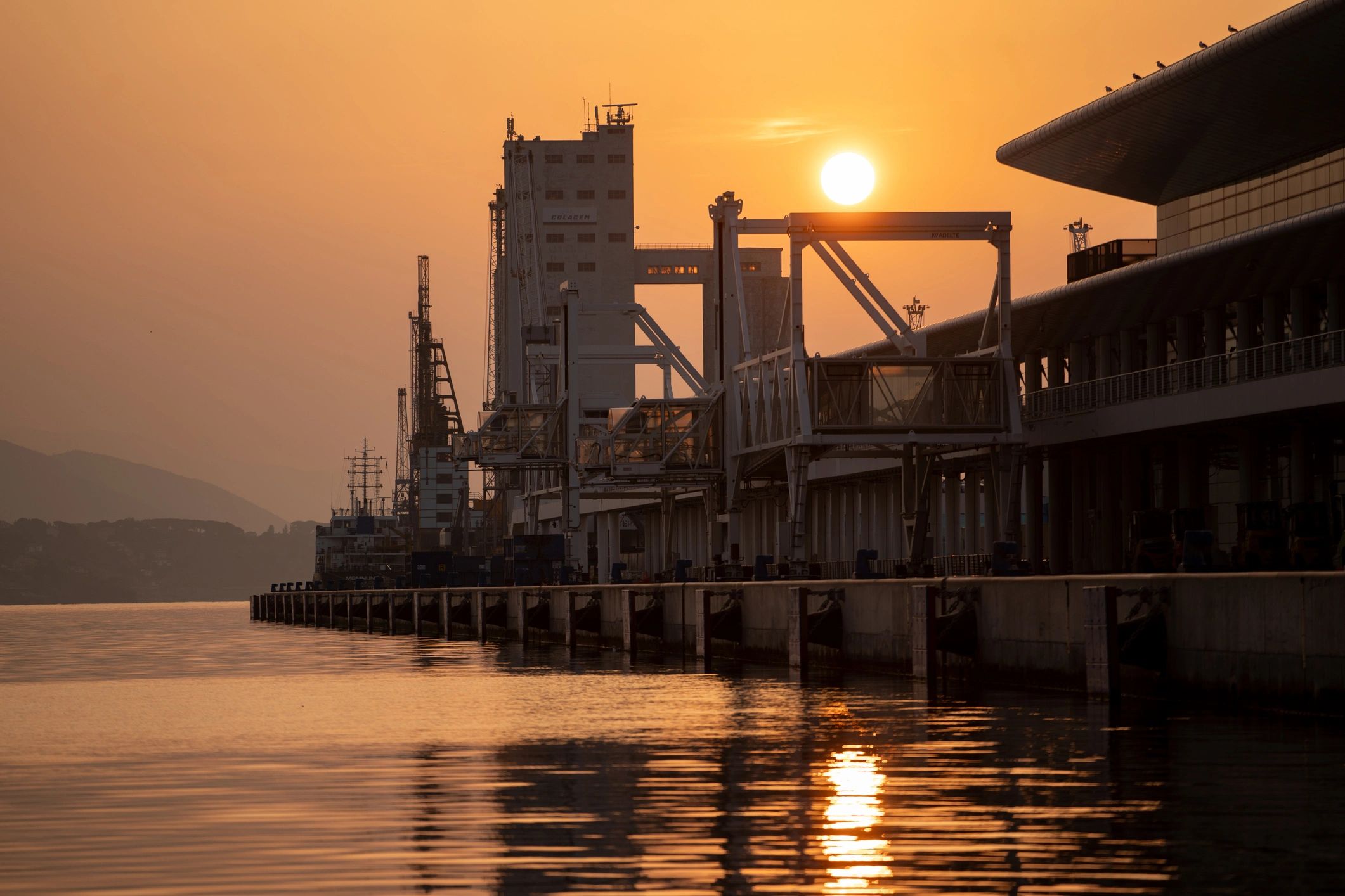Port at sunrise representing global rice export logistics