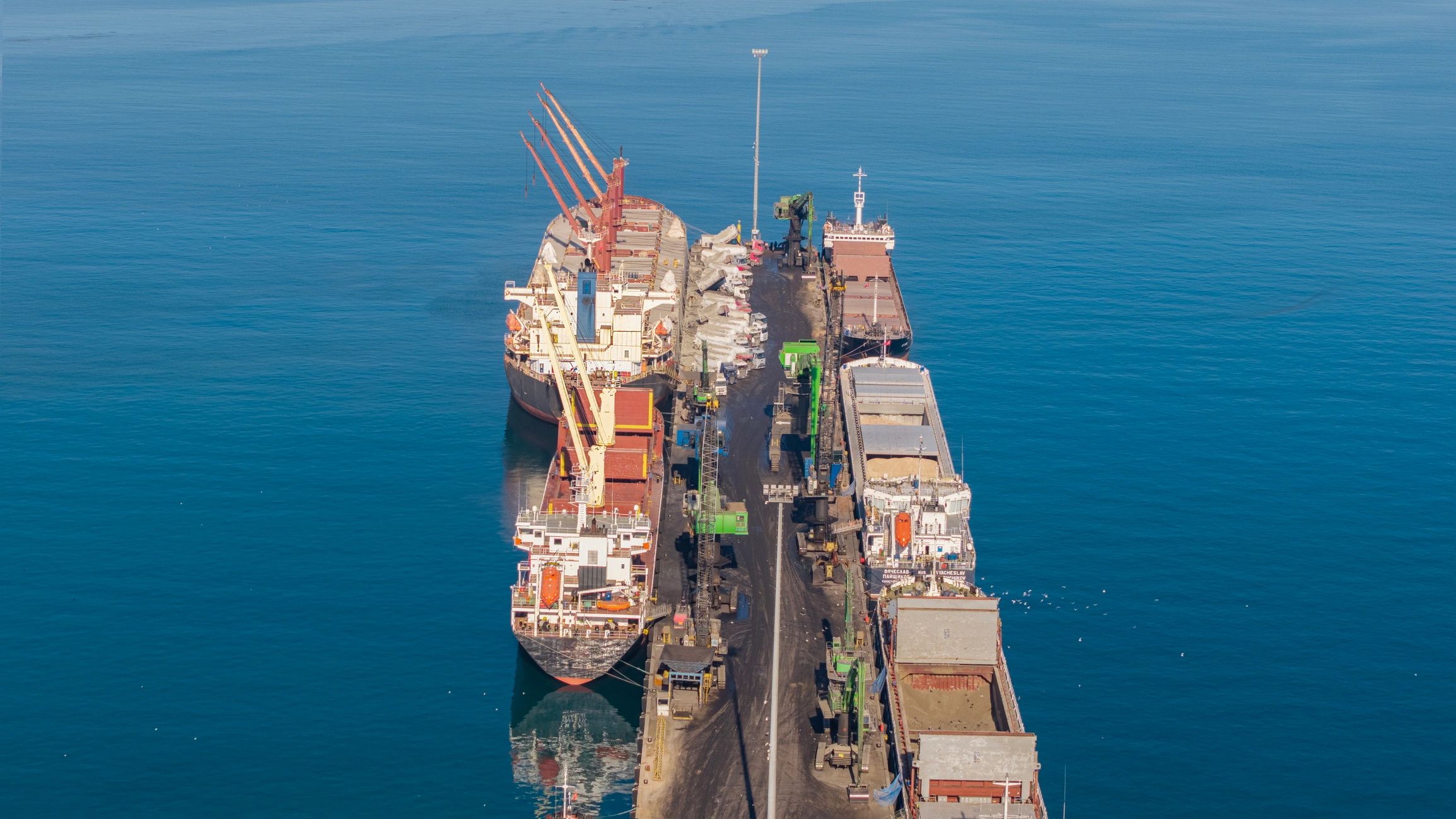 Aerial view of cargo ships at an industrial port